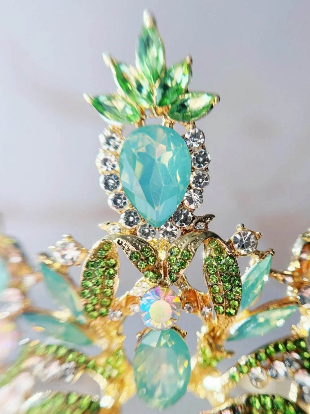 Green Peacock Crystal Tiara Gold Tone Rhinestone Crown Wedding Pageant Prom
